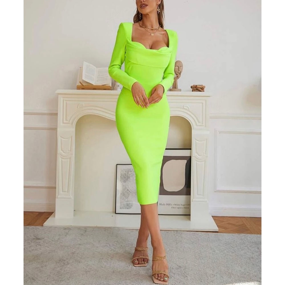 Cherri Neon Lime Sweetheart Neck Split Hem Dress